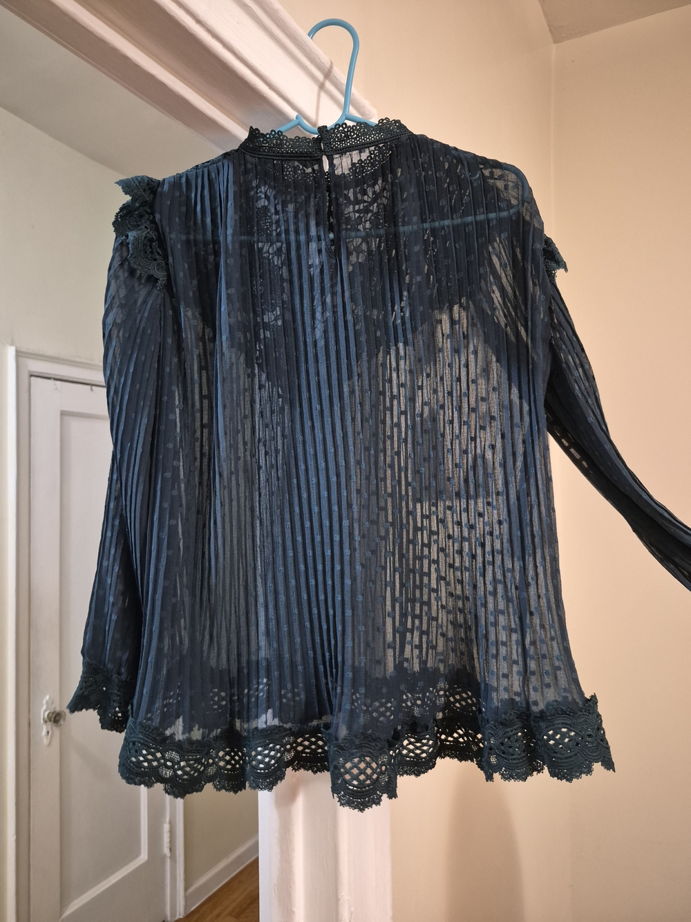 Elegant Dark Teal Lace Yoke Blouse - Women Tops - Picture 2 of 11